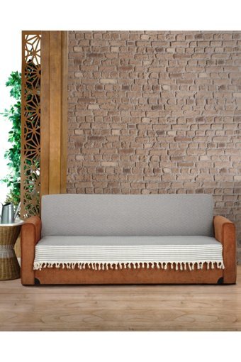 Genç Uludağ Pamuklu Püsküllü Süngersiz Çizgili Gri Tekli Koltuk Örtüsü 180x220 cm