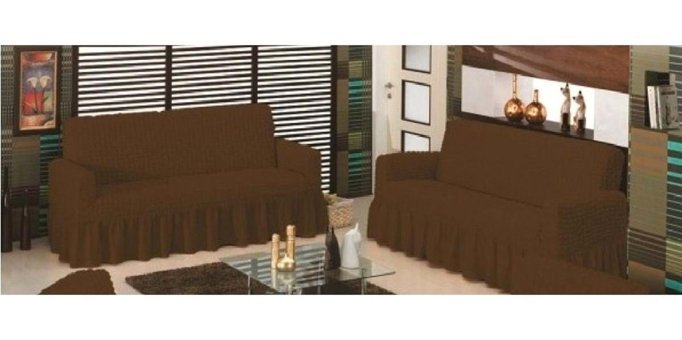 Altın Kelebek Polyester Bürümcük Fırfırlı Süngersiz Giydirmeli Lastikli Kahverengi İkili Koltuk Örtüsü 140x180 cm