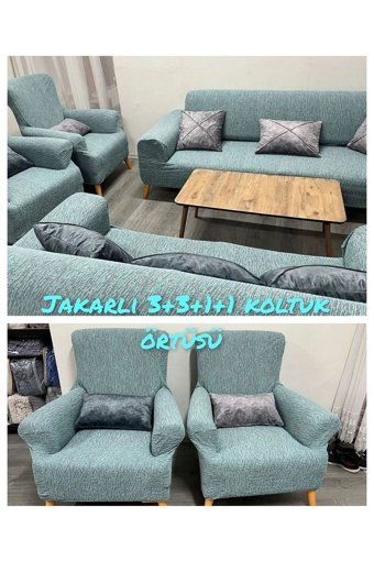 Güzel Aral GAJ-3311 Pamuklu - Polyester Jakarlı Süngersiz Kırçıllı Giydirmeli Lastikli Bej 3-3-1-1 Koltuk Örtüsü 180x230 cm