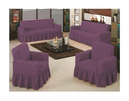 Altın Kelebek Pamuklu - Polyester Bürümcük Fırfırlı Süngersiz Giydirmeli Lastikli Mor Dörtlü Koltuk Örtüsü 180x230 cm