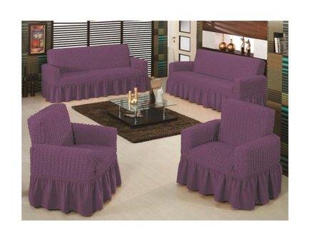 Altın Kelebek Pamuklu - Polyester Bürümcük Fırfırlı Süngersiz Giydirmeli Lastikli Mor Dörtlü Koltuk Örtüsü 180x230 cm