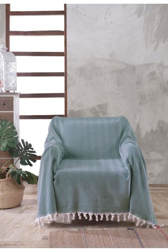 Ladynil Natural Pamuklu Saçaklı Süngersiz Çizgili Mavi Tekli Koltuk Örtüsü 160x160 cm