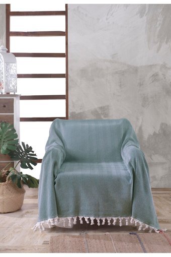 Ladynil Natural Pamuklu Saçaklı Süngersiz Çizgili Mavi Tekli Koltuk Örtüsü 160x160 cm