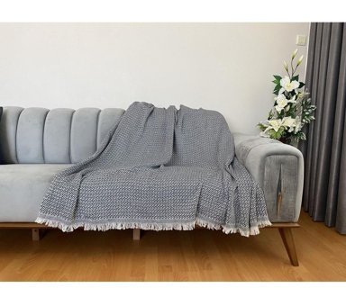 Niks Home Pamuklu Saçaklı Süngersiz Düz Gri Tekli Koltuk Örtüsü 170x210 cm