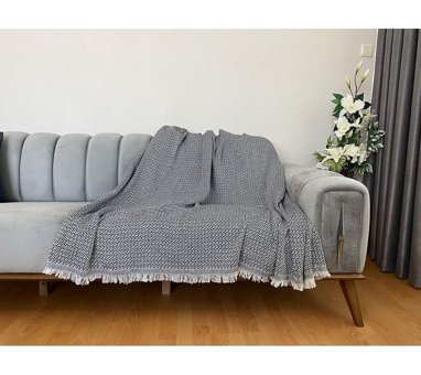 Niks Home Pamuklu Saçaklı Süngersiz Düz Gri Tekli Koltuk Örtüsü 170x210 cm