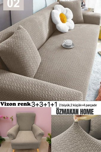 Özmakan Pamuklu - Polyester Likralı Jakarlı Süngersiz Çizgili Giydirmeli Kahverengi Dörtlü Koltuk Örtüsü 180x230 cm
