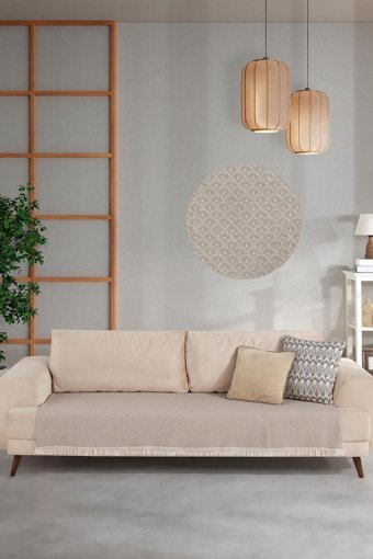 Znp Home Halfy Pamuklu Polar Saçaklı Süngersiz Çizgili Bej Tekli Koltuk Örtüsü 100x210 cm