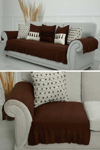 Aisha's Design KTK-6 Polyester Örgü Pileli Süngersiz Düz Kahverengi Üçlü Koltuk Örtüsü 34x48 cm