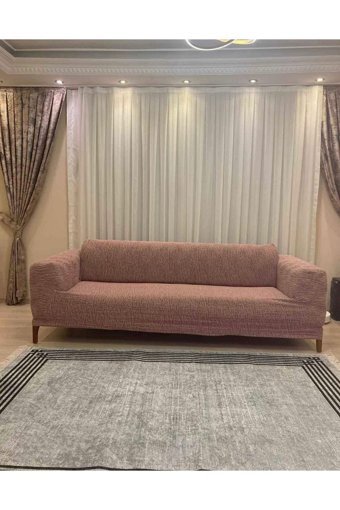 Uzhanem Likralı Jakarlı Süngerli Çizgili Giydirmeli Pembe Tekli Koltuk Örtüsü 180x240 cm