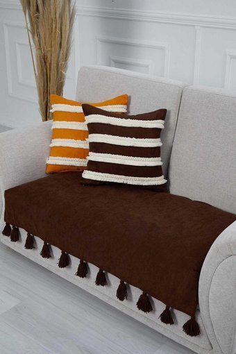 Aisha's Design KO-19-IK Polyester Örgü Püsküllü Süngersiz Düz Kahverengi Tekli Koltuk Örtüsü 90x155 cm
