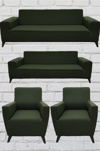 Şahane Ev Mikro Polyester Likralı Jakarlı Süngersiz Düz Giydirmeli Lastikli Haki Üçlü Koltuk Örtüsü 28x32 cm