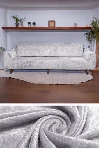 Seltenet Kadife Likralı Jakarlı Süngersiz Çizgili Giydirmeli Su Geçirmez Gri Üçlü Koltuk Örtüsü 230x180 cm