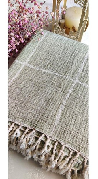 A.Z.H. Pamuklu Süngersiz Çizgili Haki Tekli Koltuk Örtüsü 185x220 cm