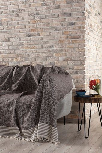 Vagonik Diamond Natural Pamuklu Polar Saçaklı Süngersiz Düz Kaymaz Kahverengi Tekli Koltuk Örtüsü 180x230 cm