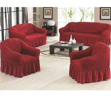 Altın Kelebek Polyester Bürümcük Fırfırlı Süngersiz Giydirmeli Lastikli Bordo Dörtlü Koltuk Örtüsü 180x230 cm