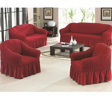 Altın Kelebek Polyester Bürümcük Fırfırlı Süngersiz Giydirmeli Lastikli Bordo Dörtlü Koltuk Örtüsü 180x230 cm