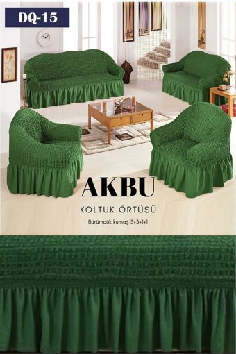 Akbu Pamuklu - Polyester Bürümcük Fırfırlı Süngersiz Giydirmeli Lastikli Yeşil Dörtlü Koltuk Örtüsü 183x230 cm