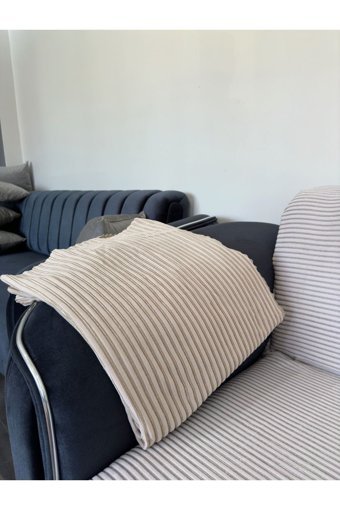 Ferhat Home Polyester Fitilli Süngersiz Çizgili Bej Tekli Koltuk Örtüsü 170x210 cm