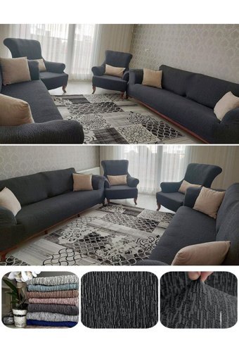 Etles Home Pamuklu - Polyester Likralı Jakarlı Süngersiz Armürlü Giydirmeli Antrasit Sekizli Koltuk Örtüsü 185x220 cm