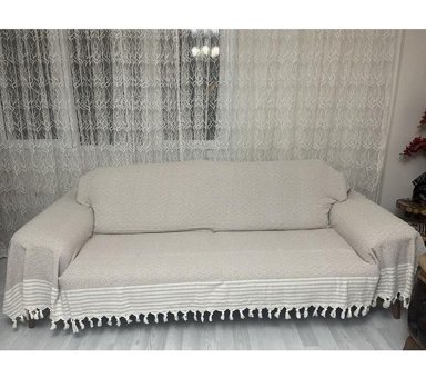 Nasır Home Pamuklu Püsküllü Süngersiz Çizgili Vizon Tekli Koltuk Örtüsü 180x300 cm