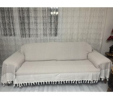 Nasır Home Pamuklu Püsküllü Süngersiz Çizgili Vizon Tekli Koltuk Örtüsü 180x300 cm