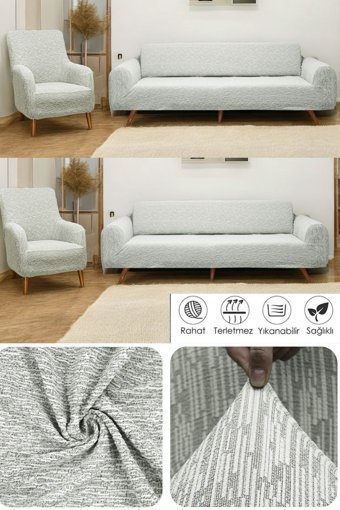 Btf Home Pamuklu - Polyester Likralı Jakarlı Süngersiz Armürlü Giydirmeli Lastikli Bej Dörtlü Koltuk Örtüsü 180x230 cm