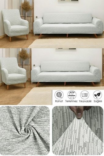 Btf Home Pamuklu - Polyester Likralı Jakarlı Süngersiz Armürlü Giydirmeli Lastikli Bej Dörtlü Koltuk Örtüsü 180x230 cm