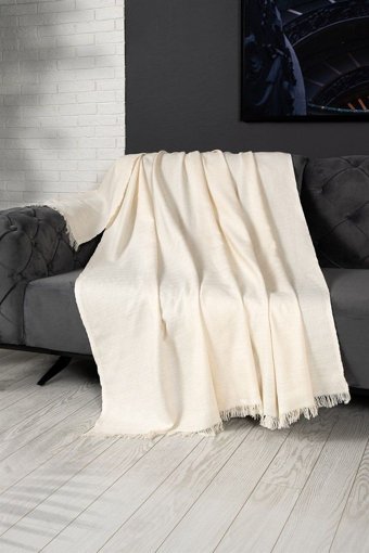 Denizli Concept Pamuklu - Polyester Kanvas Saçaklı Süngersiz Armürlü Beyaz Üçlü Koltuk Örtüsü 170x230 cm