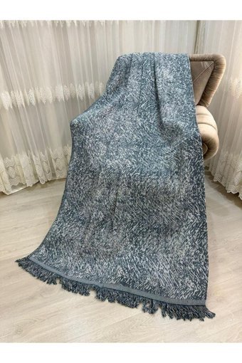 Özlü Home Pamuklu Örgü Saçaklı Süngersiz Çizgili Turkuaz Tekli Koltuk Örtüsü 170x220 cm