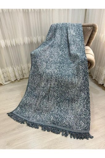 Özlü Home Pamuklu Örgü Saçaklı Süngersiz Çizgili Turkuaz Tekli Koltuk Örtüsü 170x220 cm