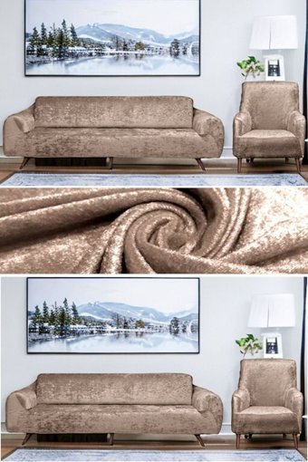 Seltenet Kadife Likralı Jakarlı Süngersiz Çiçek Desenli Giydirmeli Su Geçirmez Bej Dörtlü Koltuk Örtüsü 180x230 cm