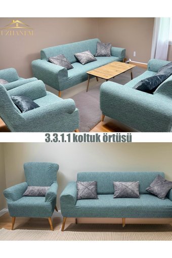 Uzhanem Pamuklu - Polyester Bürümcük-Likralı Jakarlı Süngerli Çizgili Giydirmeli Yeşil Dörtlü Koltuk Örtüsü 180x230 cm