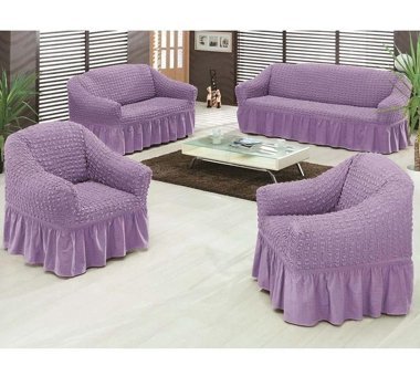 Altın Kelebek Polyester Bürümcük Fırfırlı Süngersiz Giydirmeli Lastikli Lila Dörtlü Koltuk Örtüsü 180x230 cm