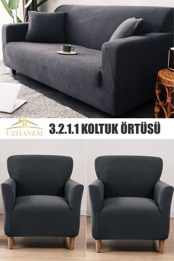 Uzhanem Pamuklu - Polyester Likralı Süngerli Petek Desenli Giydirmeli Antrasit Dörtlü Koltuk Örtüsü 183x230 cm