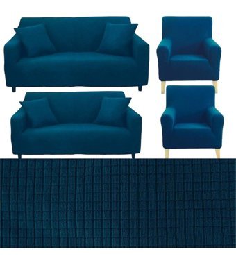 Seltenet Pamuklu - Polyester Likralı Jakarlı Süngersiz Geometrik Desenli Giydirmeli Su Geçirmez Mavi Üçlü Koltuk Örtüsü 180x220 cm