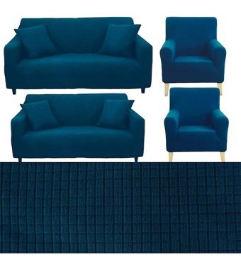 Seltenet Pamuklu - Polyester Likralı Jakarlı Süngersiz Geometrik Desenli Giydirmeli Su Geçirmez Mavi Üçlü Koltuk Örtüsü 180x220 cm