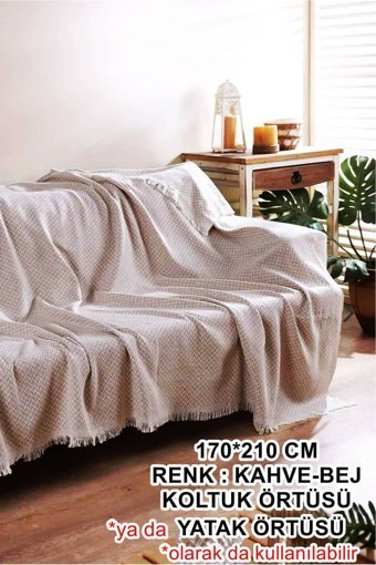 Dakkors Home Pamuklu Kanvas Saçaklı Süngersiz Armürlü Bej Üçlü Koltuk Örtüsü 170x210 cm