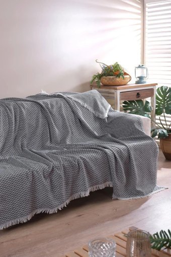 By Ballı Biocotton Pamuklu Kanvas Saçaklı Süngersiz Armürlü Siyah Üçlü Koltuk Örtüsü 170x210 cm