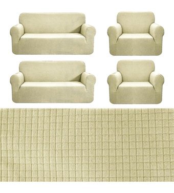 Nusret Pamuklu - Polyester Süngersiz Kareli Giydirmeli Bej Dörtlü Koltuk Örtüsü 180x230 cm