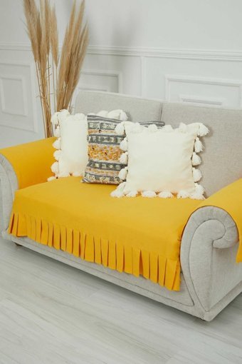 Aisha's Design KTK-4 Polyester Örgü Pileli Süngersiz Düz Sarı İkili Koltuk Örtüsü 34x48 cm