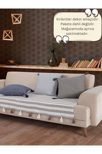 Lux Touch Liva Pamuklu Ponponlu-Püsküllü Süngersiz Geometrik Desenli Kahverengi Tekli Koltuk Örtüsü 115x201 cm