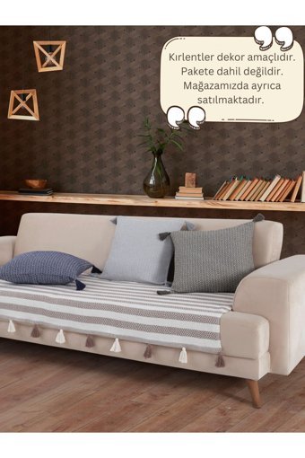 Lux Touch Liva Pamuklu Ponponlu-Püsküllü Süngersiz Geometrik Desenli Kahverengi Tekli Koltuk Örtüsü 115x201 cm