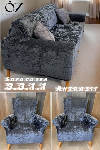 Özmakan Kadife Likralı Jakarlı Süngersiz Giydirmeli Gri Dörtlü Koltuk Örtüsü 180x230 cm