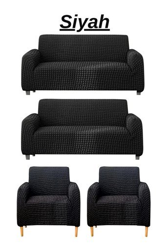 E Bahar Polyester Bürümcük Jakarlı Süngersiz Armürlü Giydirmeli Siyah Sekizli Koltuk Örtüsü 180x230 cm