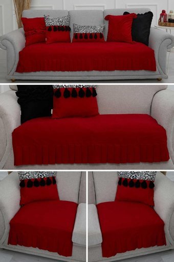 Aisha's Design KTK-8 Polyester Örgü Pileli Süngersiz Düz Kırmızı Dörtlü Koltuk Örtüsü 34x48 cm