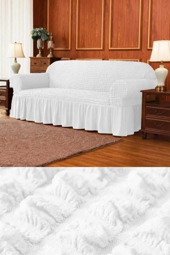 Akbu Pamuklu - Polyester Bürümcük Fırfırlı Süngersiz Giydirmeli Lastikli Beyaz Tekli Koltuk Örtüsü 183x230 cm