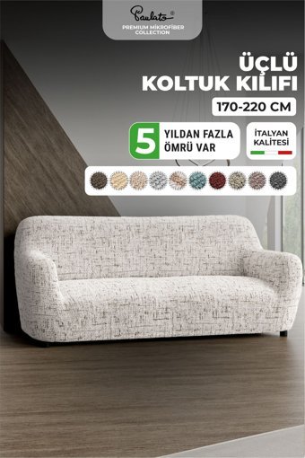Paulato Mikrofiber Likralı Jakarlı Süngersiz Çizgili Giydirmeli Beyaz Tekli Koltuk Örtüsü 160x250 cm