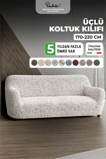 Paulato Mikrofiber Likralı Jakarlı Süngersiz Çizgili Giydirmeli Beyaz Tekli Koltuk Örtüsü 160x250 cm