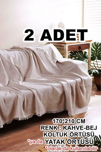 Molisa Home Pamuklu Saçaklı Süngersiz Armürlü Kahverengi İkili Koltuk Örtüsü 170x210 cm
