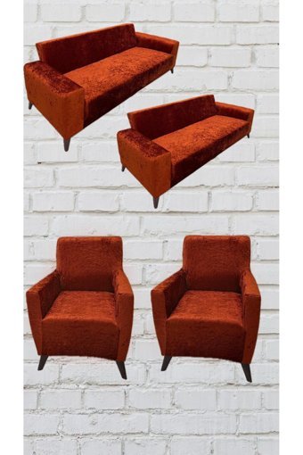 Şahane Ev Kadife Likralı Jakarlı Süngersiz Çizgili Giydirmeli Kiremit Üçlü Koltuk Örtüsü 155x220 cm